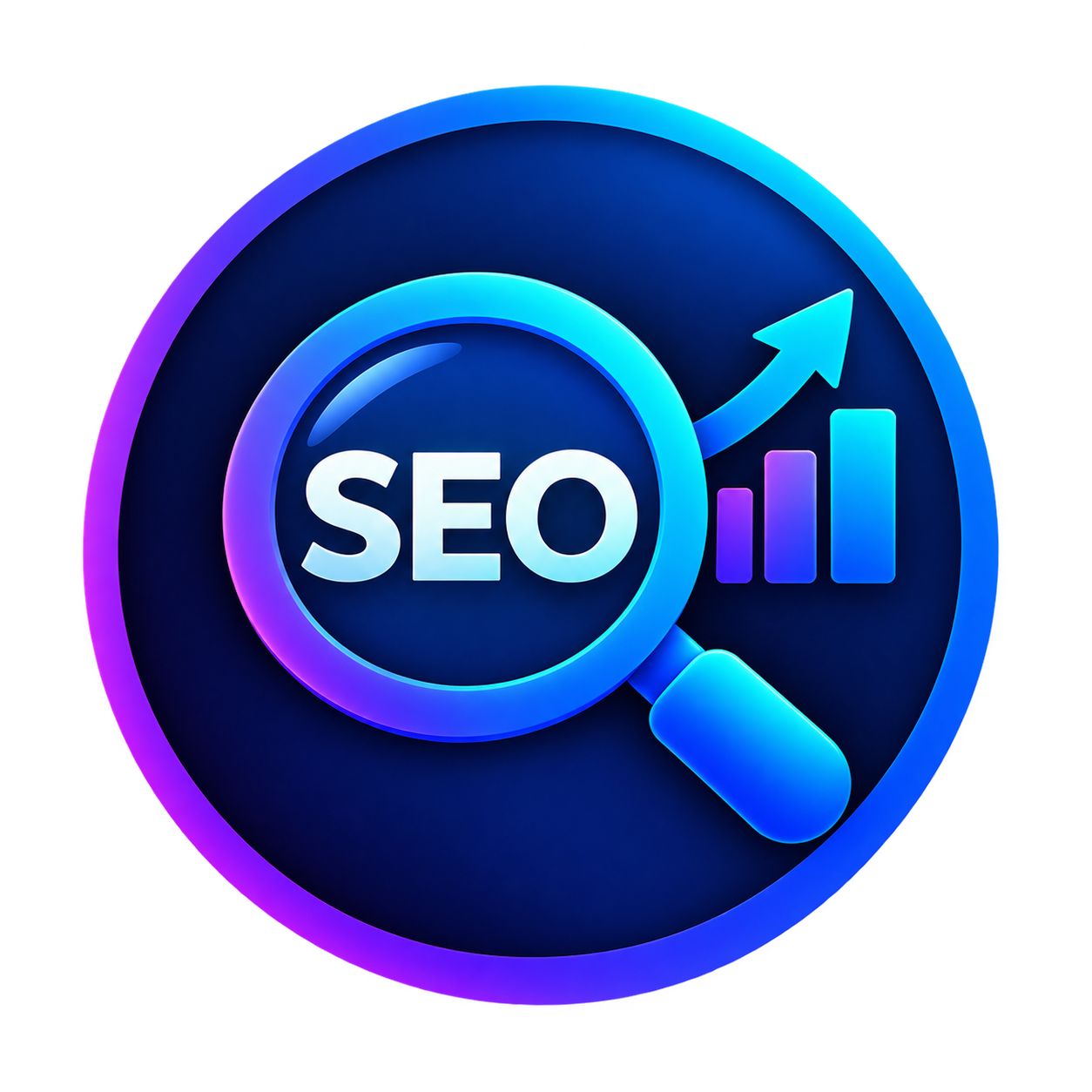 SEO icon with magnifying glass, growth arrow and analytics chart